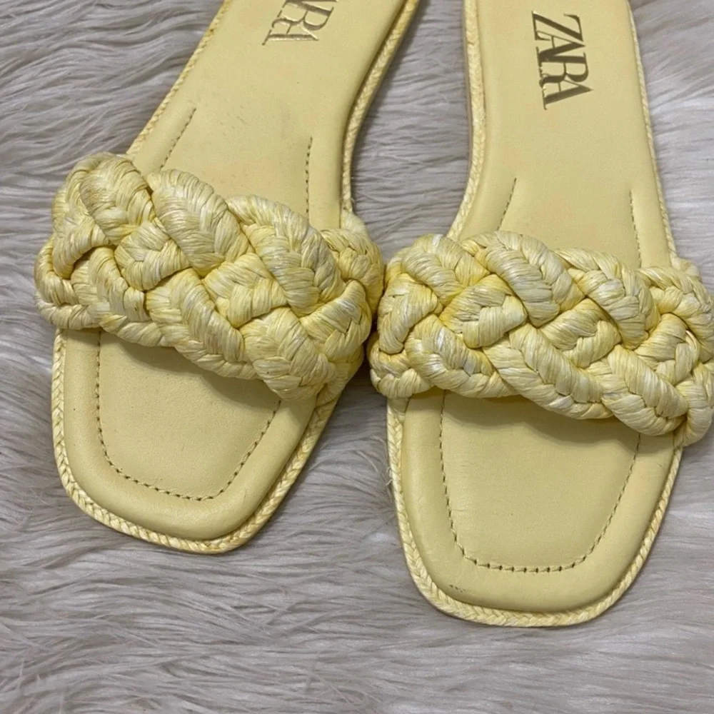 Zara Pastel Yellow Woven Raffia Braided Strap Slip On Open Toe Flat Sandals 39 - Picture 5 of 11